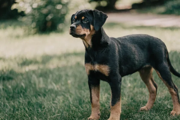 Black and tan Rottweiler puppy standing alertly on a grassy lawn