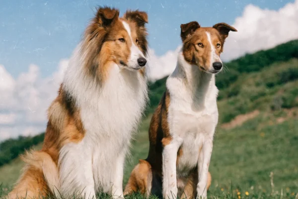 Sable rough collie and sable smooth collie sitting side by side on grass showing the coat difference