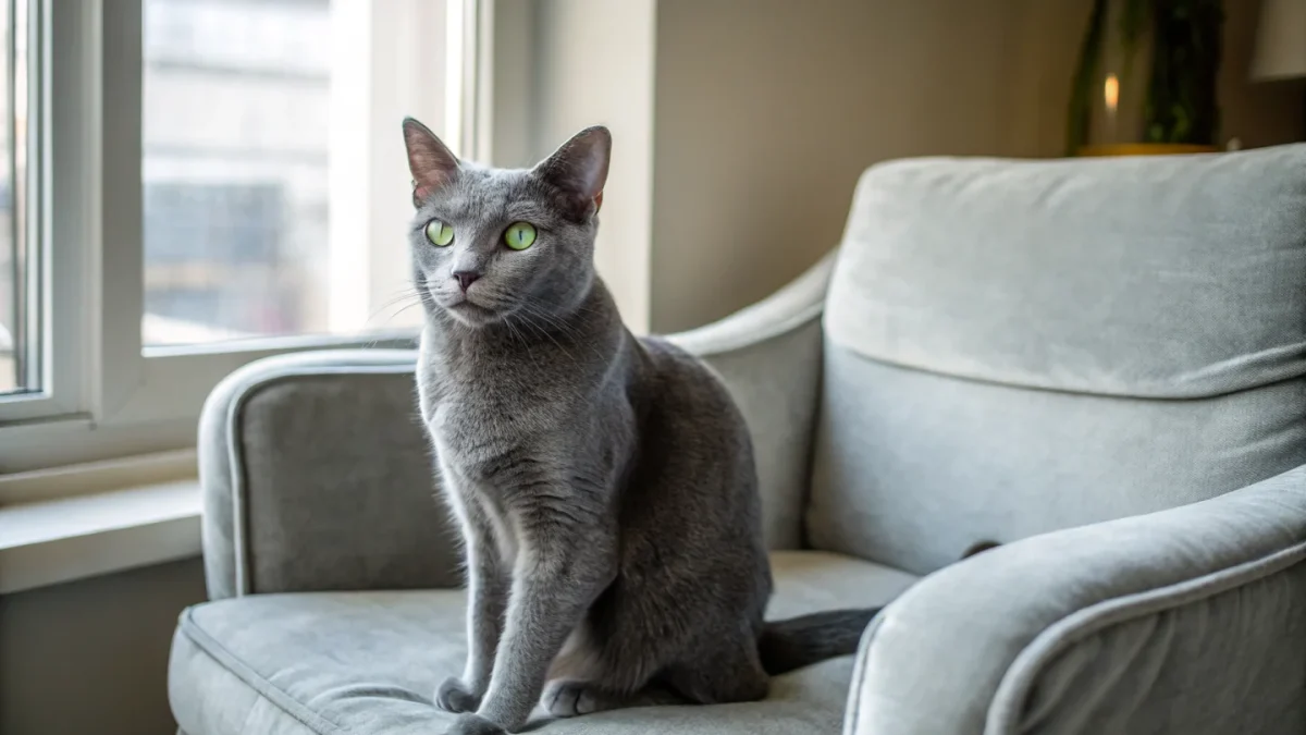 Russian Blue cat sitting upright on a grey velvet armchair with vivid green eyes and silver-tipped blue-grey coat
