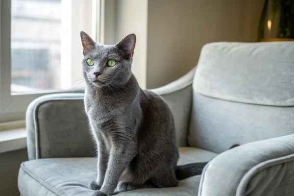 Russian Blue cat sitting upright on a grey velvet armchair with vivid green eyes and silver-tipped blue-grey coat