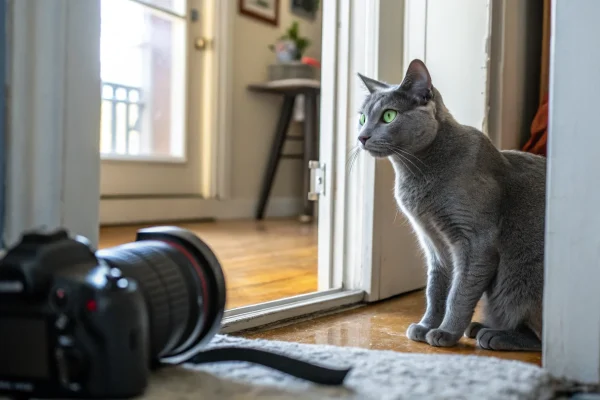 Russian Blue cat sitting in a doorway with bright green eyes in an observing posture
