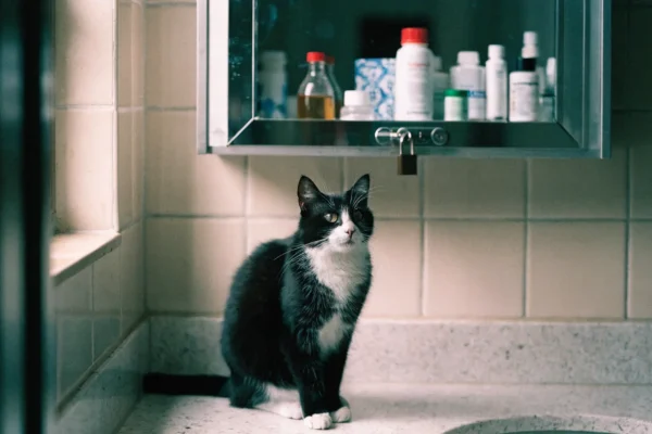 Locked medicine cabinet on bathroom wall with a cat sitting on the counter below, looking up
