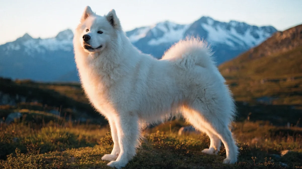 White Samoyed standing on alpine tundra with snow-capped mountains and golden-hour lighting showing the breed's characteristic smile