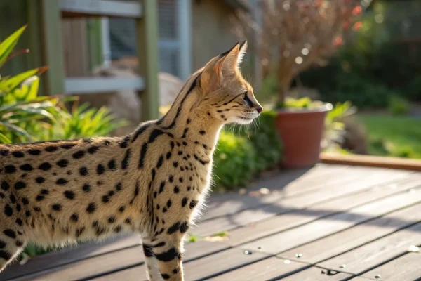 Savannah cat with spotted coat standing on a wooden deck in afternoon sunlight