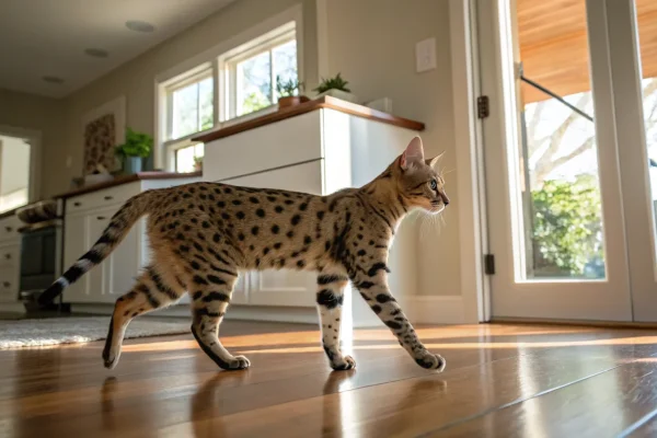 Savannah cat walking across a wooden floor in a bright home interior, showing its tall long-legged build
