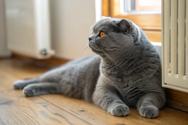 Blue Scottish Fold cat in calm round posture on a wooden floor