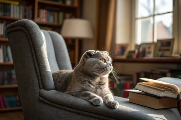 Grey tabby Scottish Fold cat resting calmly on a chair arm in a warmly lit living room