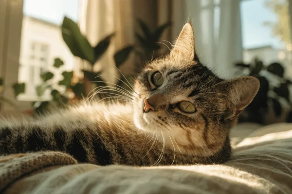 Senior tabby cat resting peacefully on a window cushion in warm afternoon sunlight