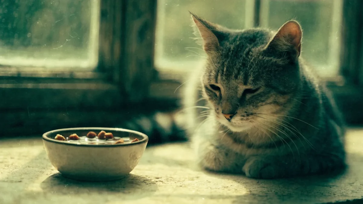 Senior grey tabby cat resting on windowsill beside food bowl in warm sunlight