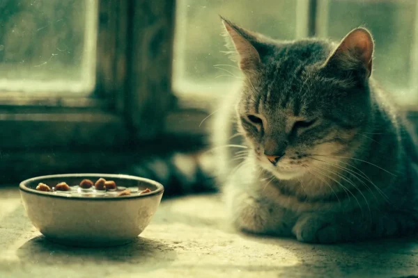Senior grey tabby cat resting on windowsill beside food bowl in warm sunlight