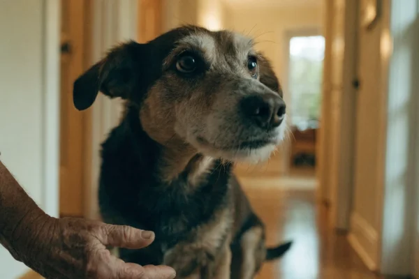 Senior dog with gray muzzle being gently guided by owner showing compassionate support for cognitive changes