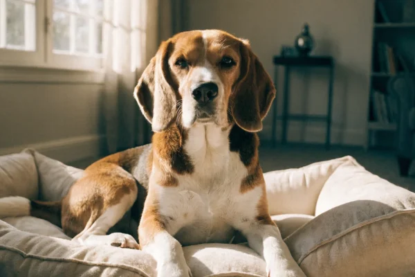A senior beagle with a graying muzzle resting contentedly on a cozy dog bed