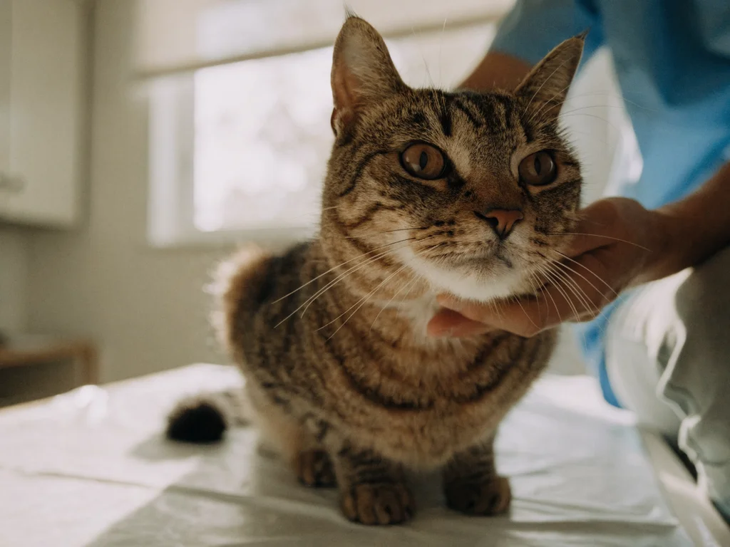 Senior cat at veterinary exam — twice-yearly checkups are recommended for older cats