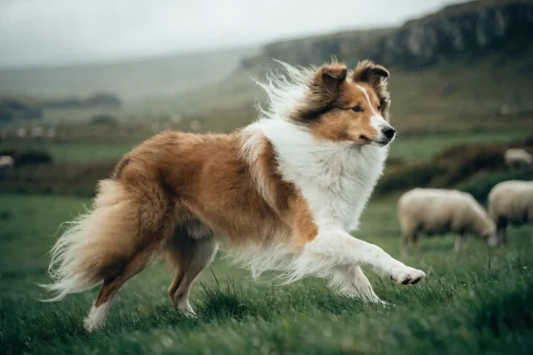 Sable and white Shetland Sheepdog trotting through a pasture with sheep in the background