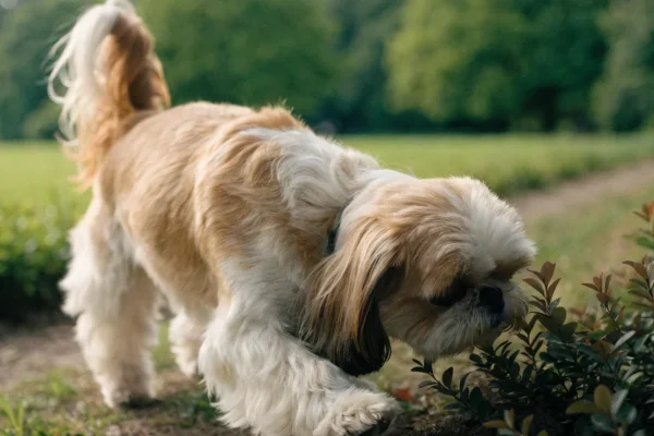 Shih Tzu walking and sniffing along a grassy park path