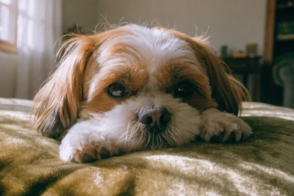 Shih tzu with gold-and-white coat resting on a velvet cushion in warm afternoon sunlight