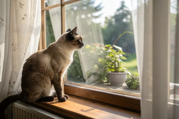 Seal-point Siamese cat on a window seat looking out at a garden