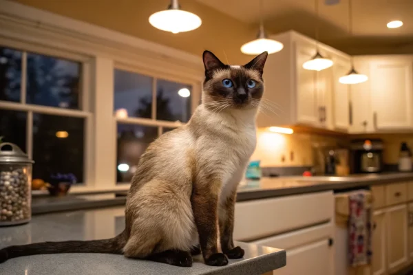 Seal-point Siamese cat sitting upright on a kitchen counter with alert blue eyes in warm evening light