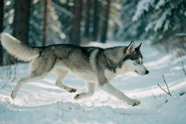 Siberian Husky running mid-stride across a snowy forest trail