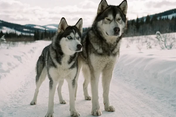 Siberian Husky and Alaskan Malamute standing side by side in snow