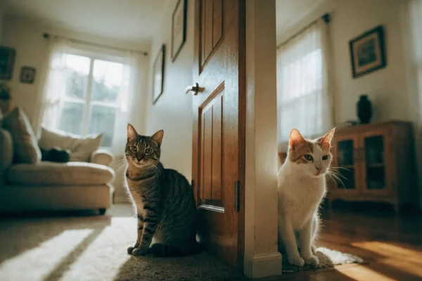 Two cats separated by a closed door during a slow introduction process