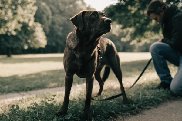 Adult rescue dog carefully exploring new environment during socialization work