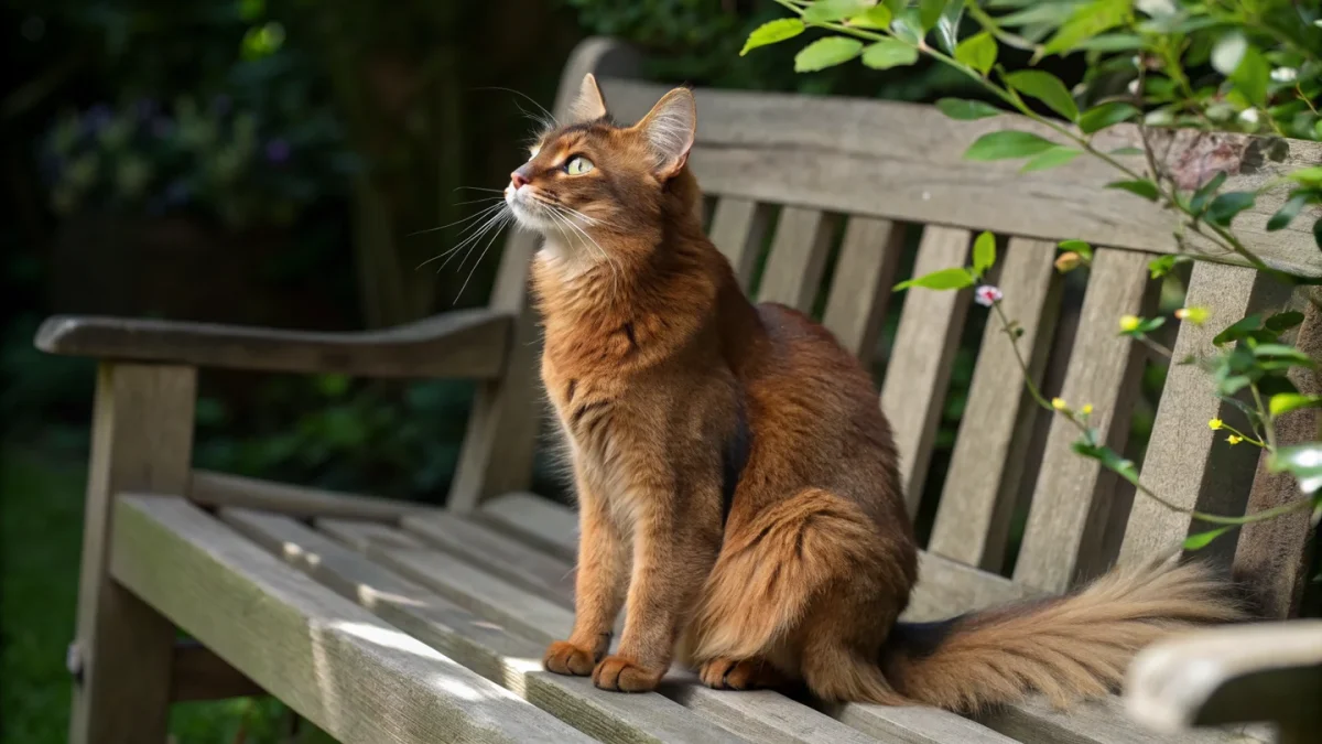 Somali cat with ruddy ticked coat and plumed tail sitting on a garden bench in dappled sunlight