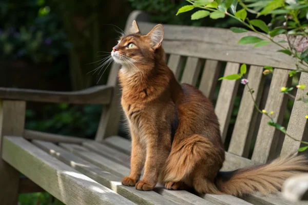 Somali cat with ruddy ticked coat and plumed tail sitting on a garden bench in dappled sunlight