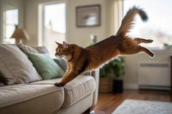 Somali cat with ruddy ticked coat caught mid-leap in a bright living room