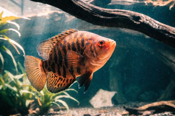 Oscar cichlid with orange and black markings in a large decorated aquarium