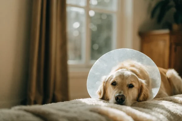 Golden retriever wearing a recovery cone resting comfortably on a blanket at home