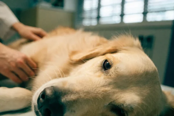 Golden retriever relaxing on a veterinary examination table during a health checkup