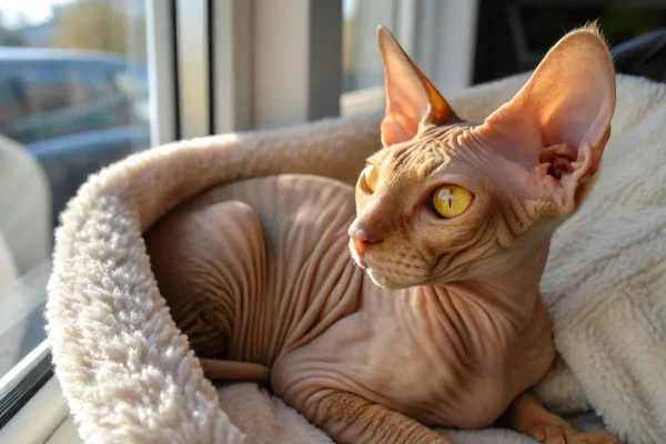 Hairless Sphynx cat with wrinkled peach skin and large ears curled on a fleece blanket