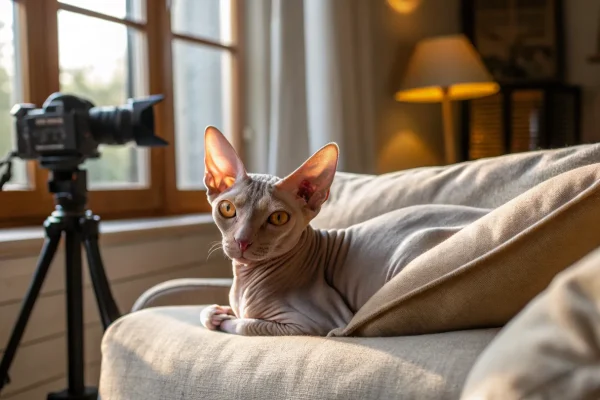 Hairless Sphynx cat with golden eyes curled on a beige couch cushion in warm living room light