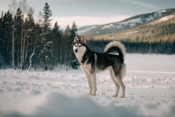 Siberian Husky standing alert on snowy Arctic tundra near a frozen taiga forest