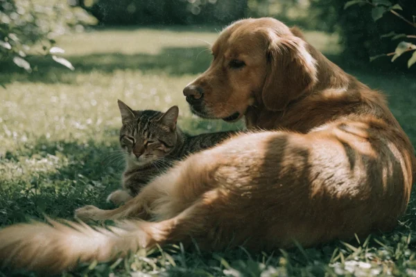 Dog and cat relaxing together in a shaded backyard during summer