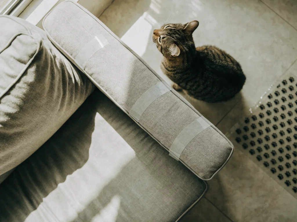 Double-sided tape applied to sofa corner as a furniture scratching deterrent