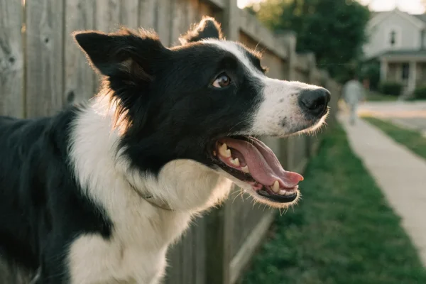 Dog barking at fence in suburban backyard