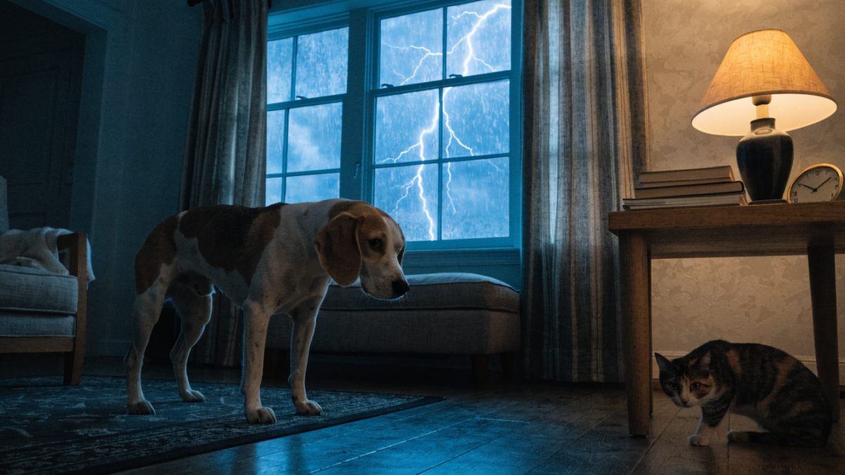 An anxious dog watches a stormy window while a cat hides in the shadows from the impending thunderstorm.