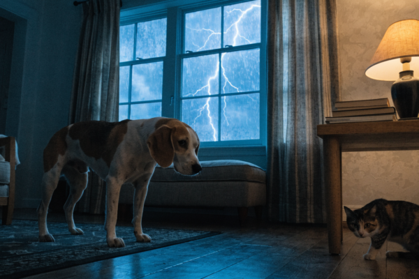 An anxious dog watches a stormy window while a cat hides in the shadows from the impending thunderstorm.