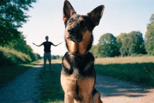 German shepherd dog holding a stay while owner moves away in a park
