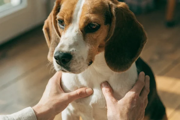 Person's hands palpating the ribs of a beagle to assess body condition