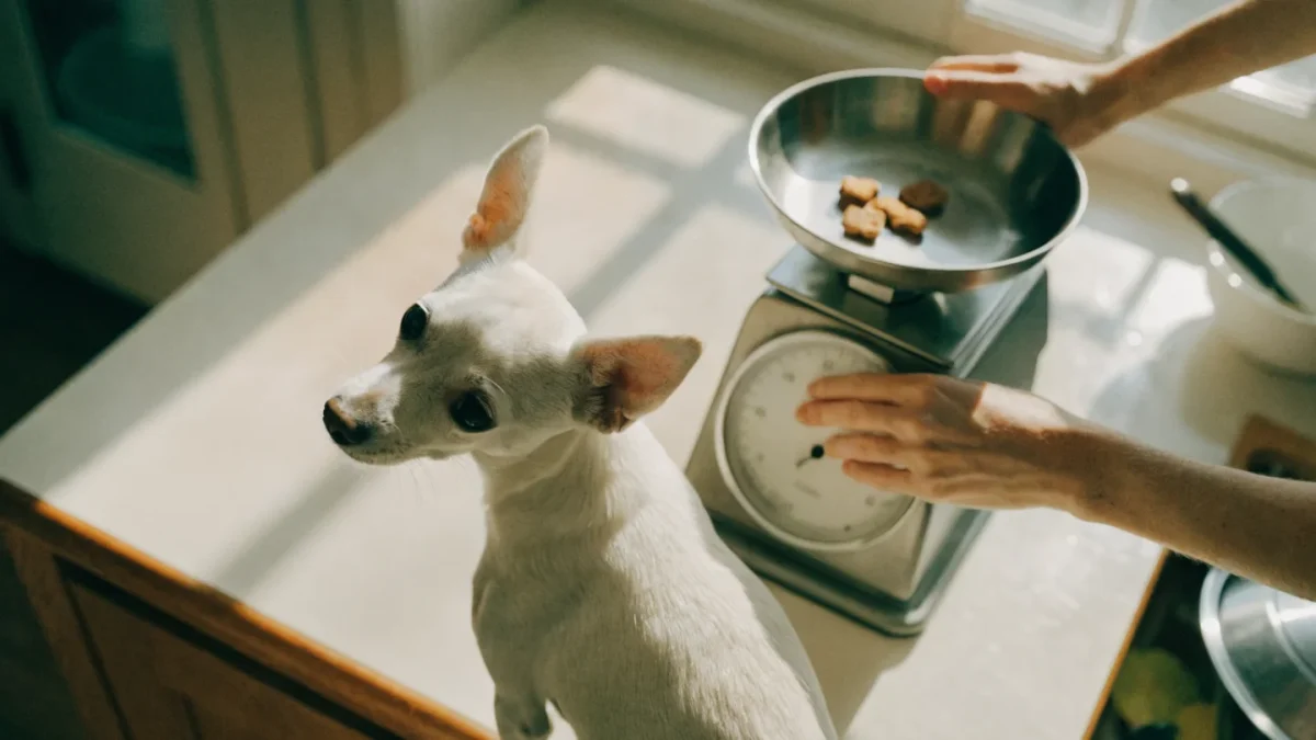 Small dog watching treats being weighed on a kitchen scale, illustrating mindful treat portioning