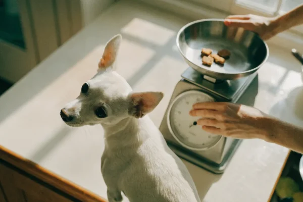 Small dog watching treats being weighed on a kitchen scale, illustrating mindful treat portioning
