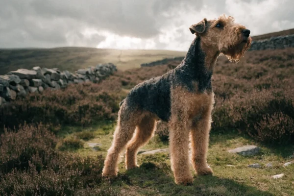 Airedale Terrier standing on a moorland hillside with heather and stone walls under dramatic cloud-lit sky