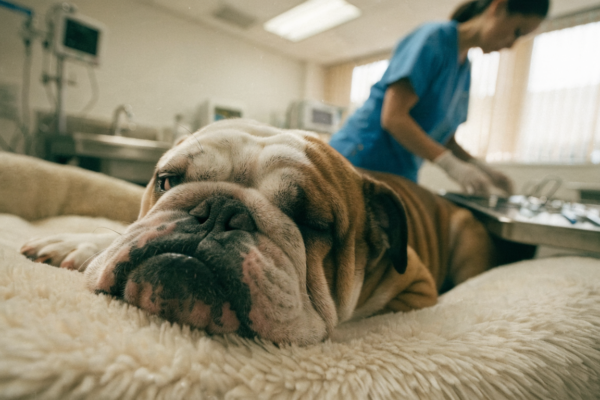 A pregnant English Bulldog rests in a veterinary clinic, highlighting the medical care required for brachycephalic births.