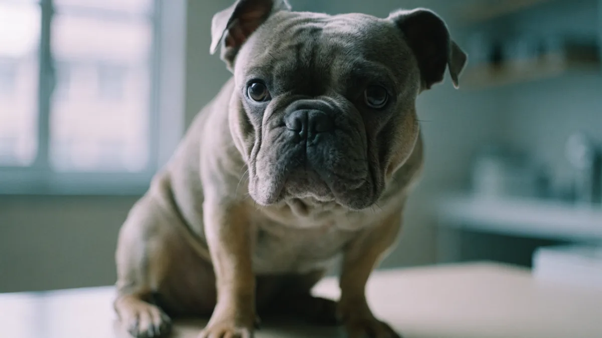 A French Bulldog rests on an exam table, its signature flat face highlighting the health issues tied to extreme pedigree breeding.