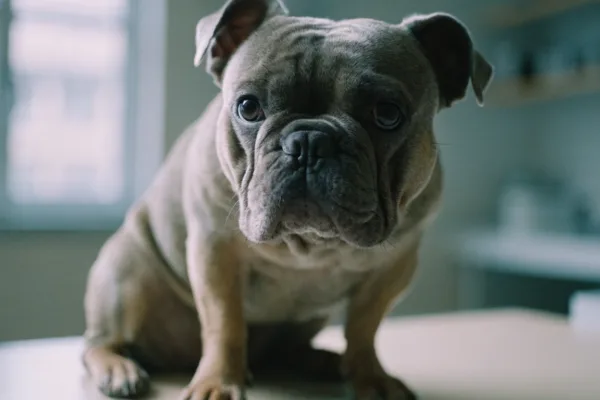 A French Bulldog rests on an exam table, its signature flat face highlighting the health issues tied to extreme pedigree breeding.