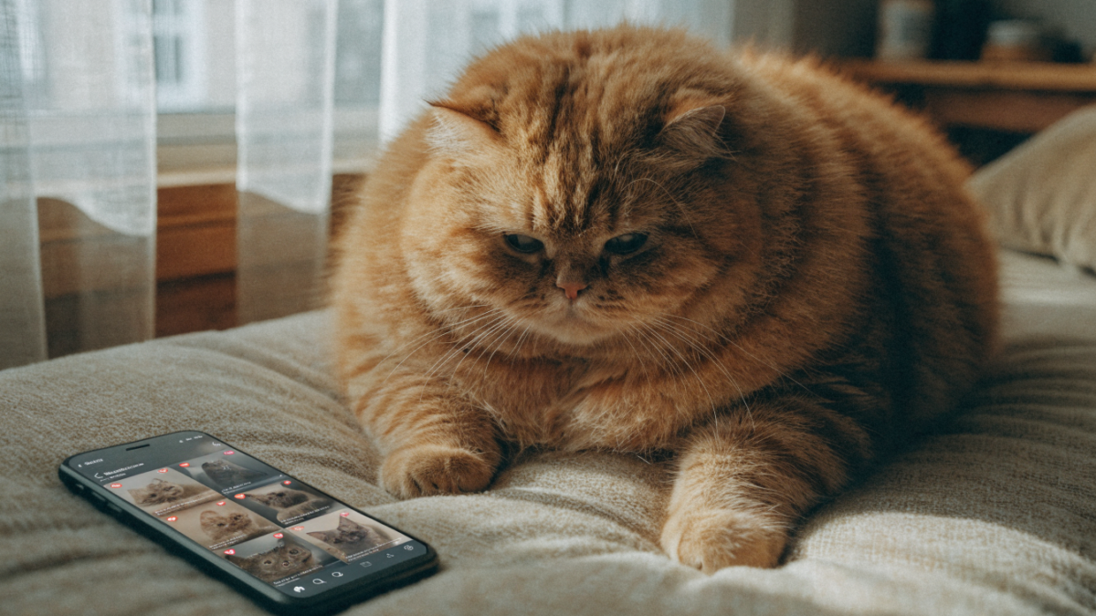 An overweight orange tabby cat rests near a phone showing social media posts celebrating pet obesity.