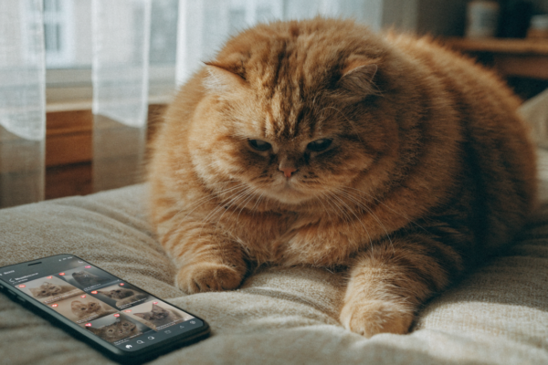 An overweight orange tabby cat rests near a phone showing social media posts celebrating pet obesity.